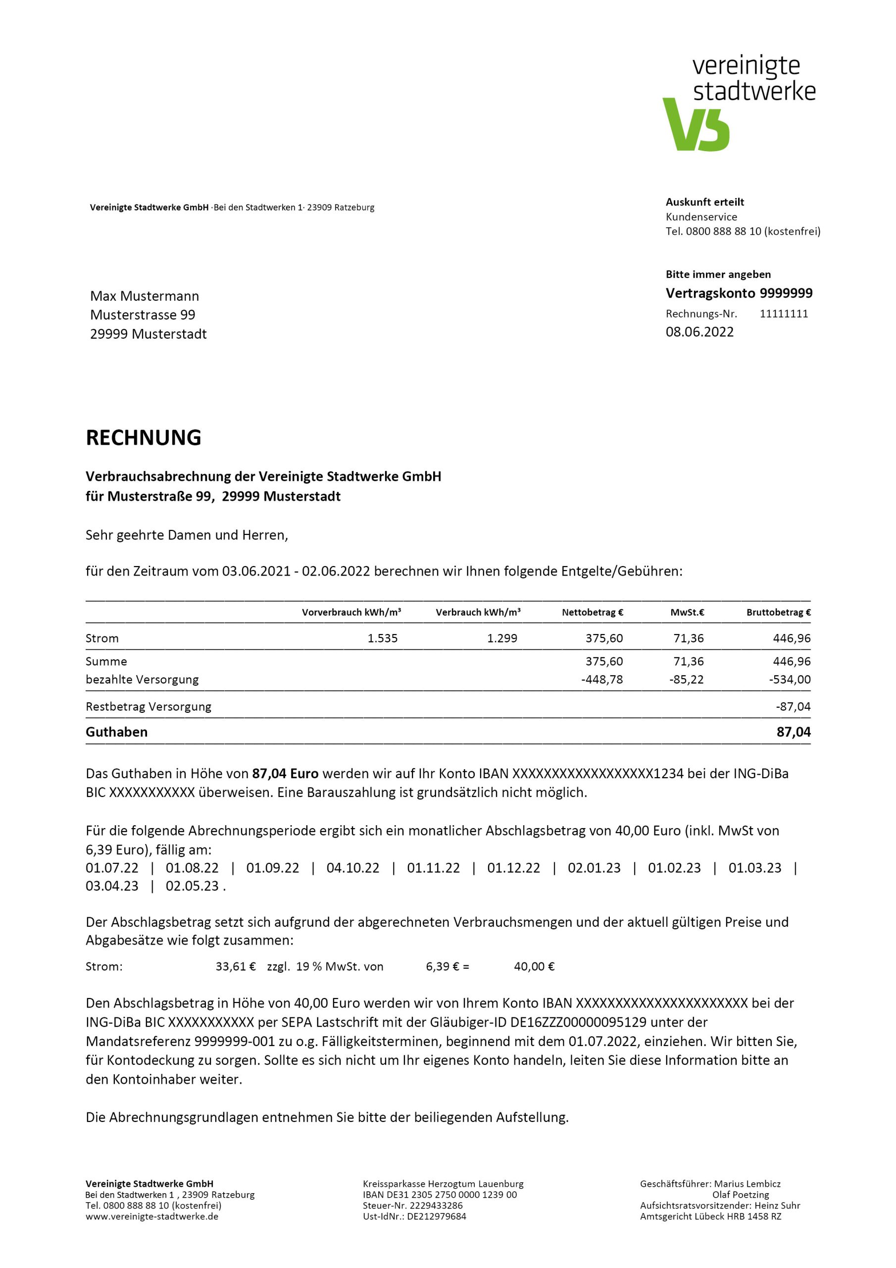 Stromrechnung Vereinigte Stadtwerke GmbH